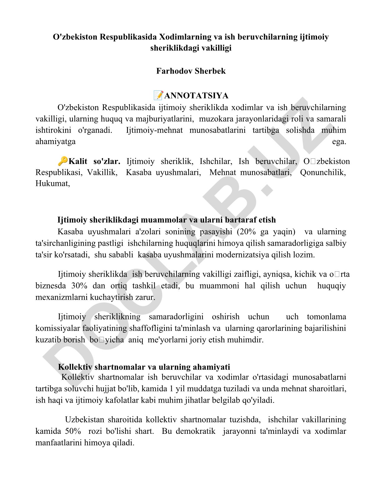 O'zbekistonda xodimlar va ish beruvchilarning ijtimoiy sheriklikdagi vakilligi
