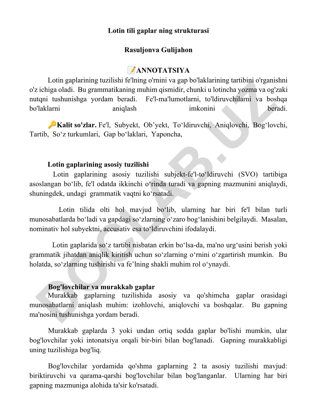Lotin gaplarining tuzilishi va grammatik xususiyatlari