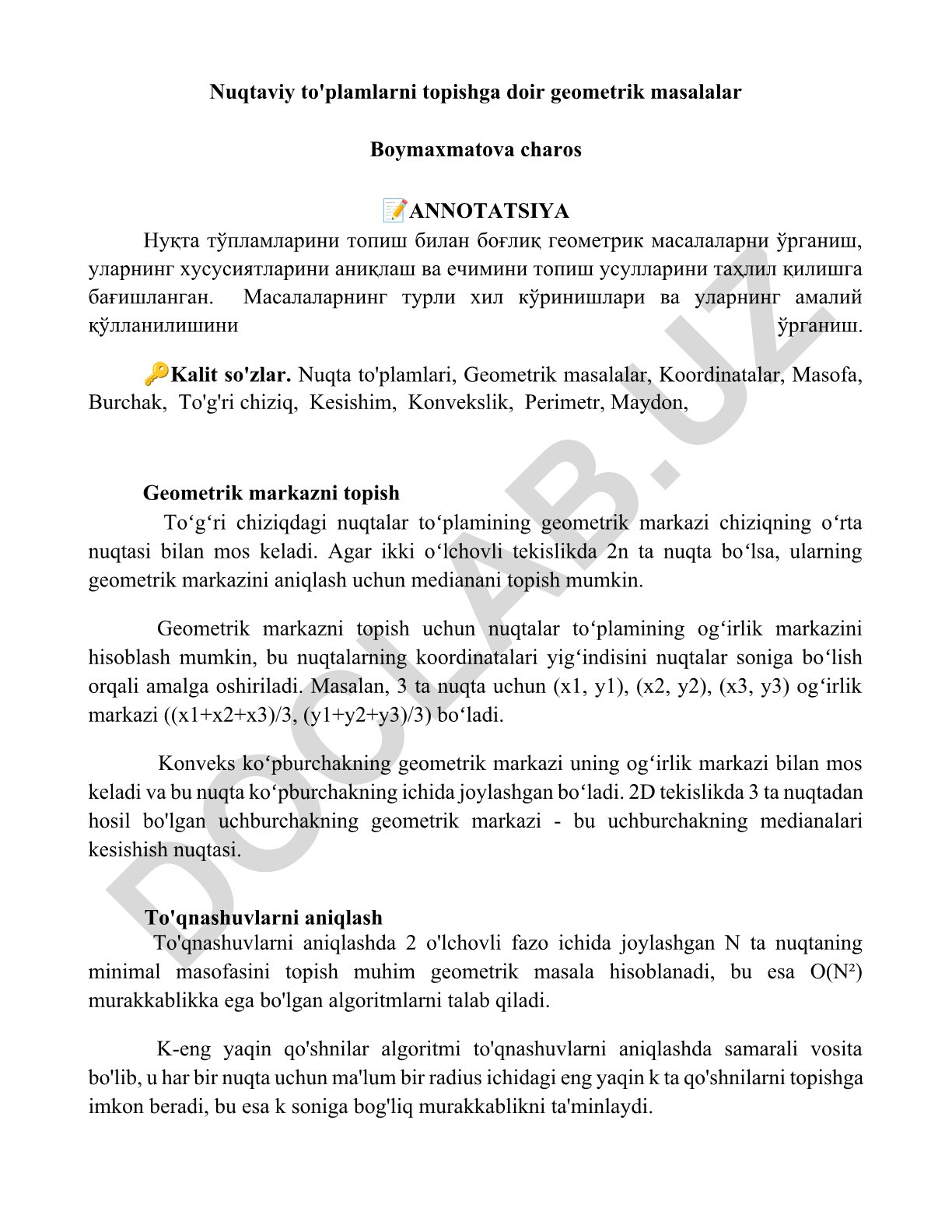 Nuqtaviy to'plamlarni topishga doir geometrik masalalar