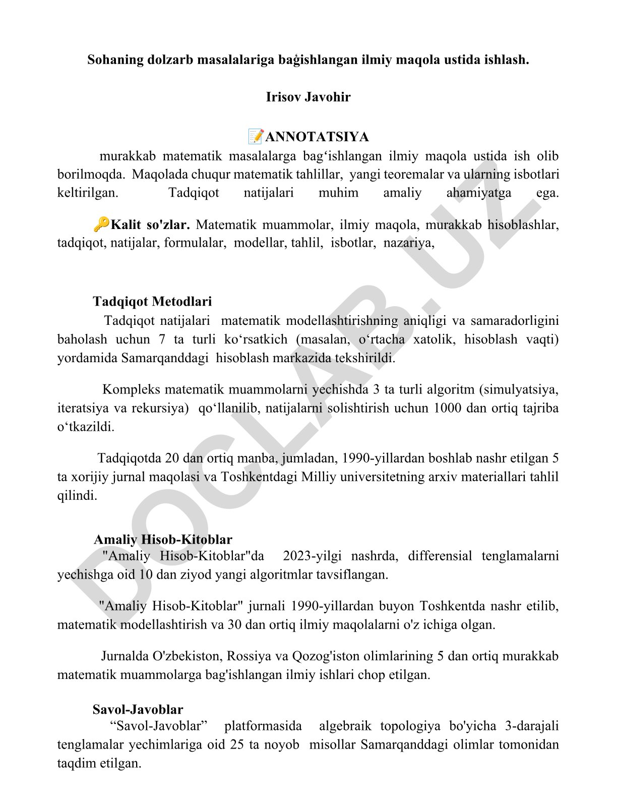 Murakkab matematik masalalarga bag'ishlangan ilmiy maqola