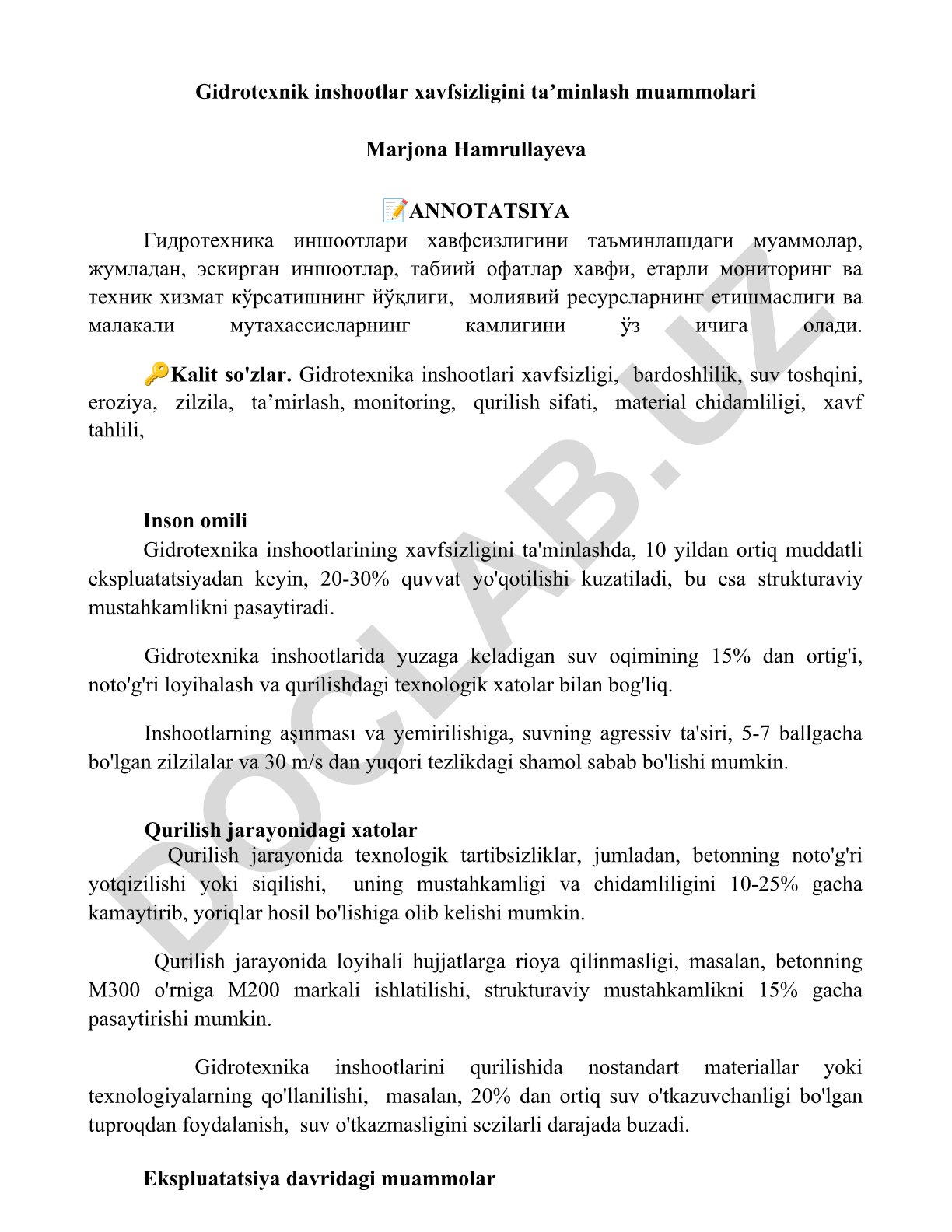 Gidrotexnik inshootlar xavfsizligini taʼminlash muammolari