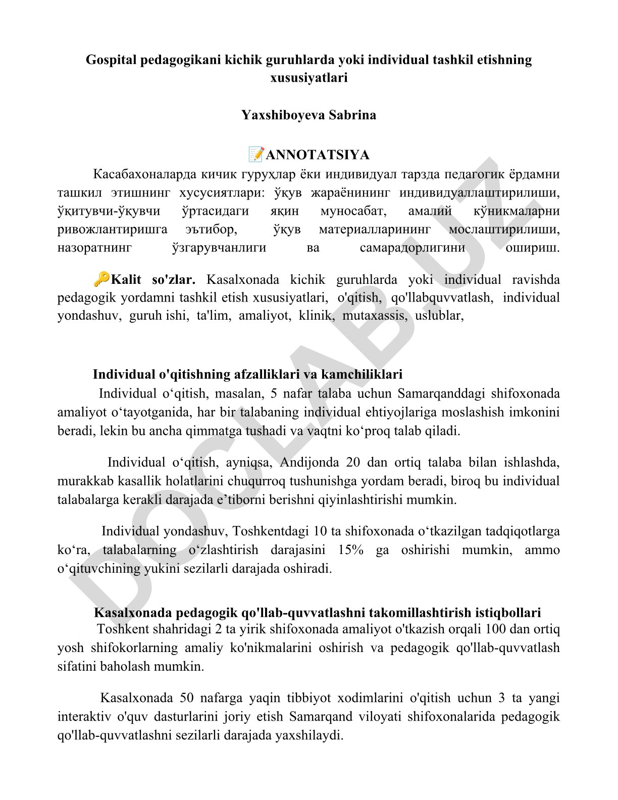 Gospital pedagogikani kichik guruhlarda yoki individual tashkil etishning xususiyatlari