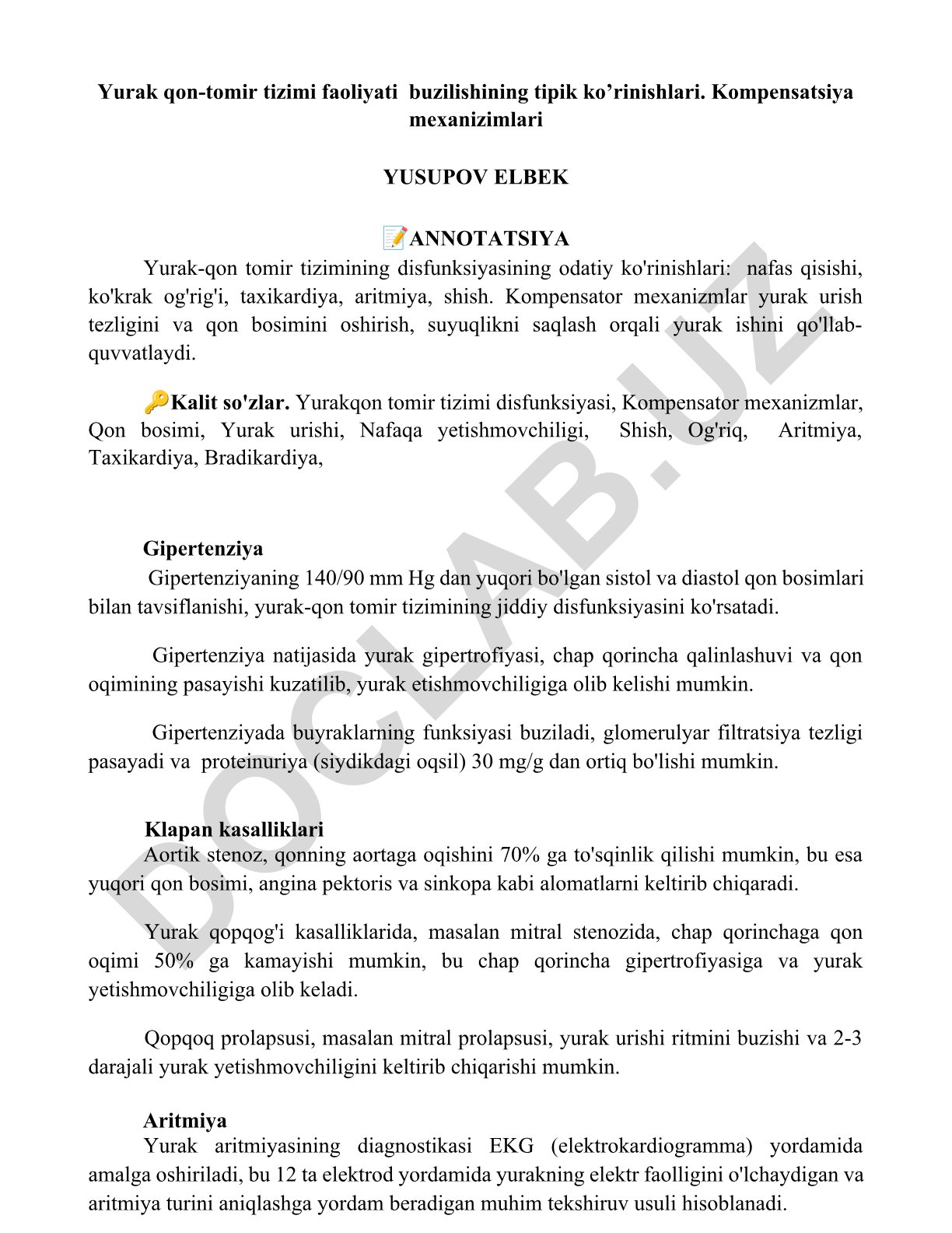 Yurak qon-tomir tizimi faoliyati buzilishining tipik ko’rinishlari va kompensatsiya mexanizimlari