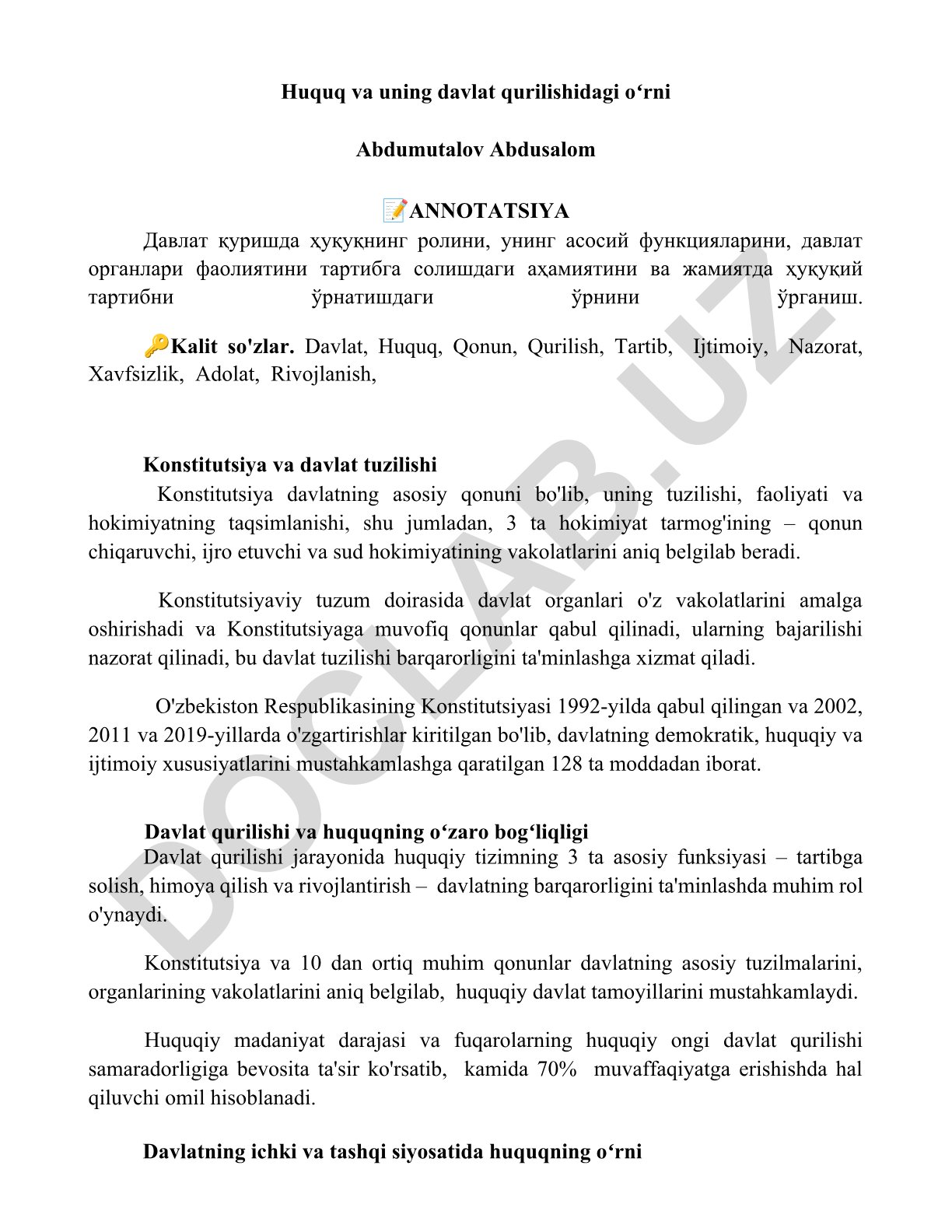 Davlat qurilishida huquqning roli va Konstitutsiyaning ahamiyati