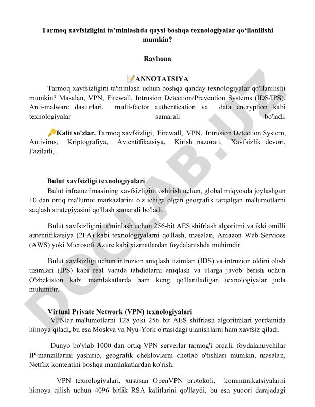 Tarmoq xavfsizligini ta'minlashda qo'llaniladigan texnologiyalar