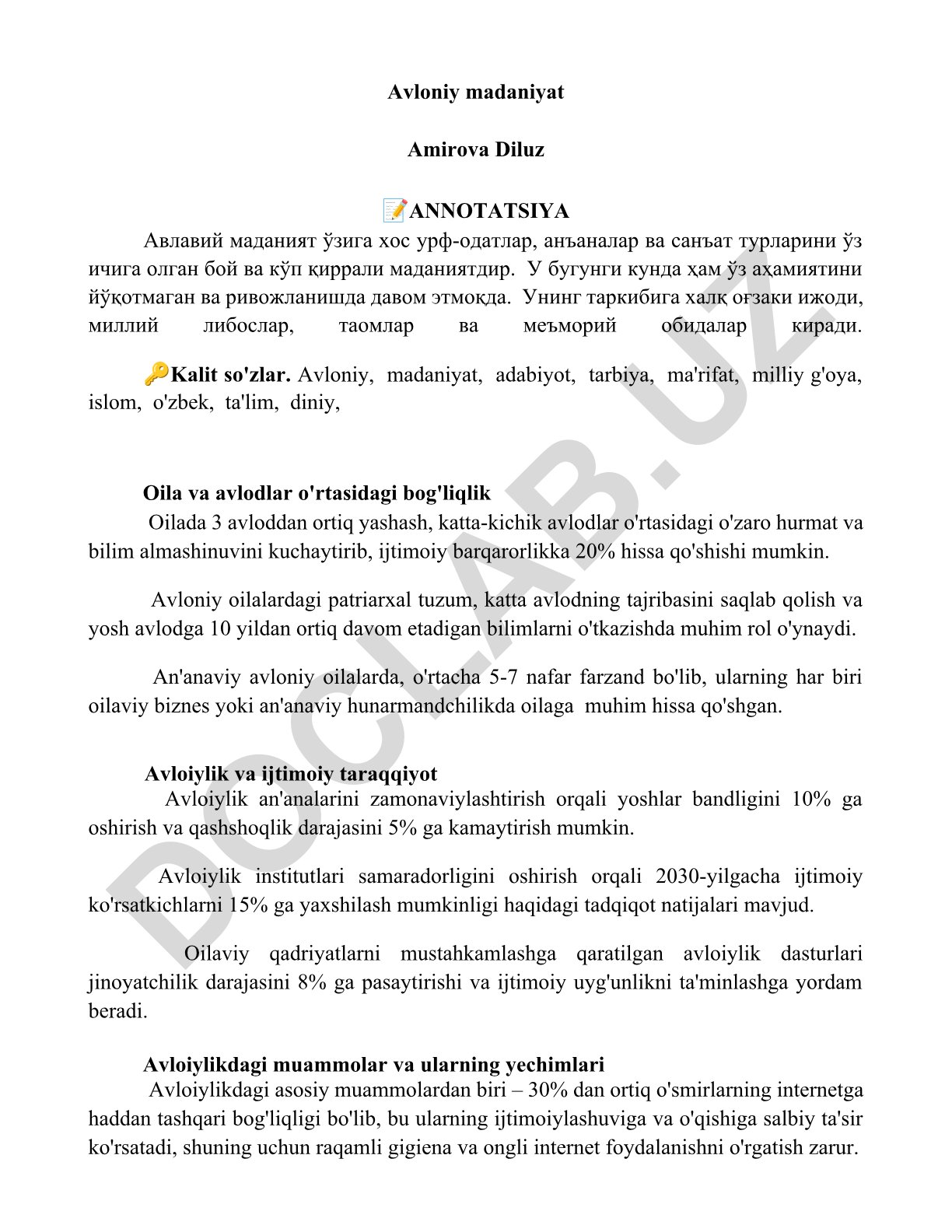 Avloniy madaniyatning o'ziga xos xususiyatlari va ijtimoiy taraqqiyotdagi roli