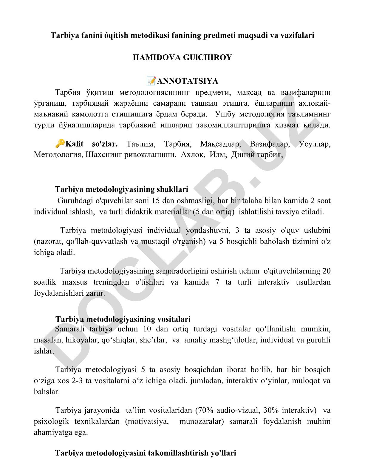 Tarbiya fanini o'qitish metodikasi fanining predmeti, maqsadi va vazifalari