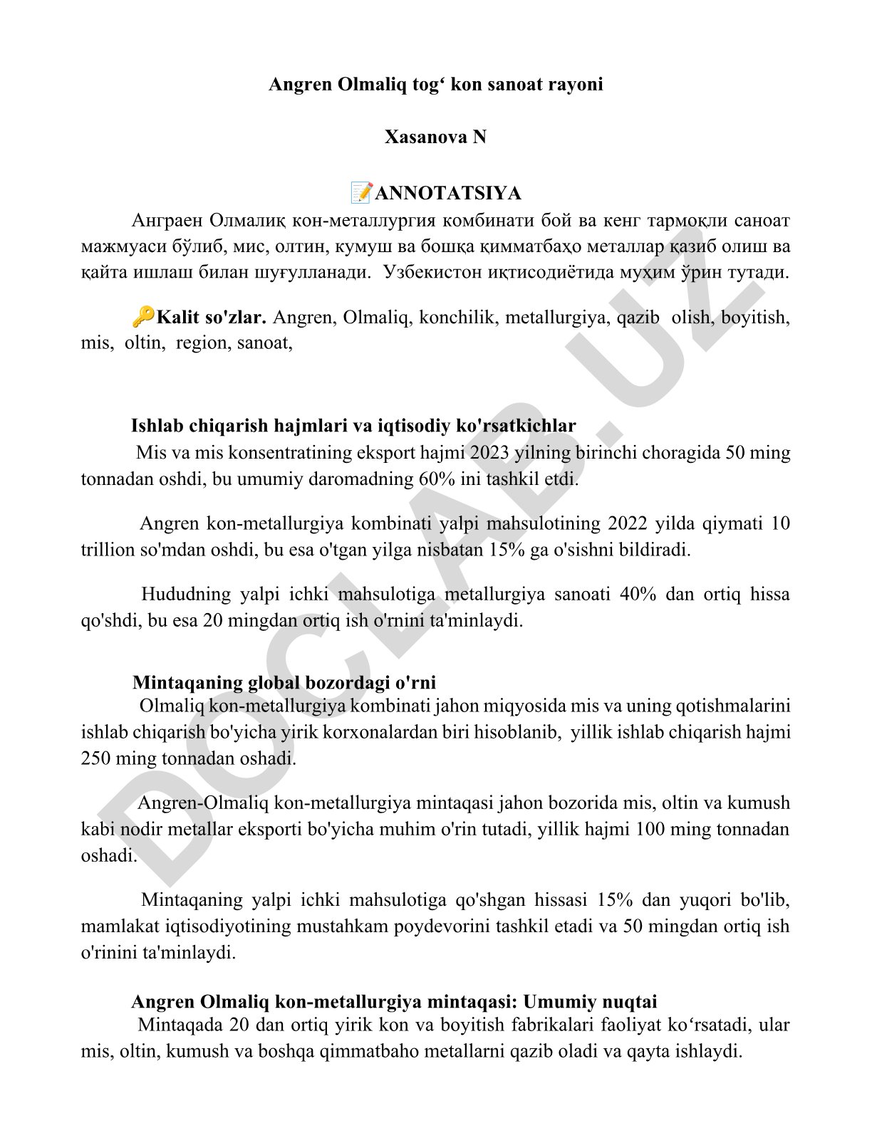 Angren-Olmaliq kon-metallurgiya mintaqasining iqtisodiy ahamiyati va ishlab chiqarish ko'rsatkichlari