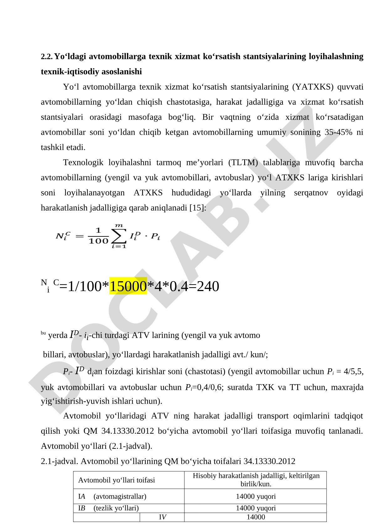 Yo‘ldagi avtomobillarga texnik xizmat ko‘rsatish stantsiyalarining loyihalashning texnik-iqtisodiy asoslanishi