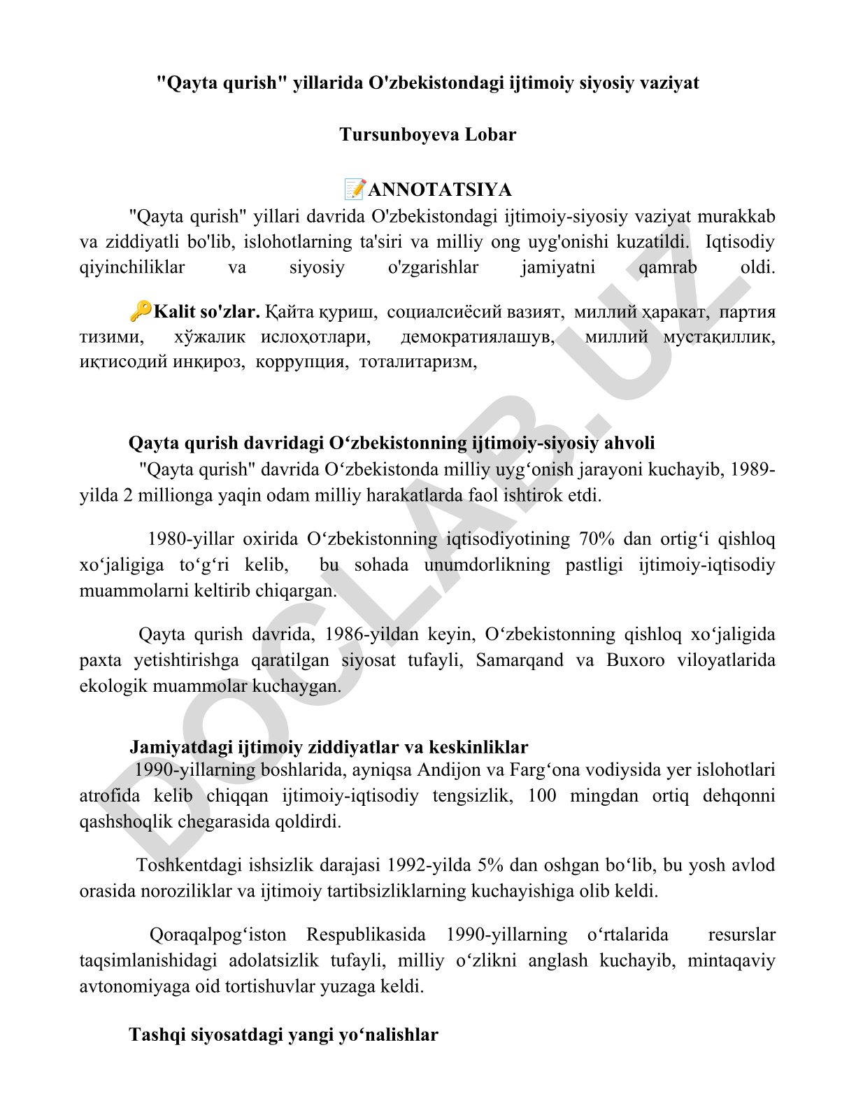 Qayta qurish davrida O'zbekistondagi ijtimoiy-siyosiy vaziyat