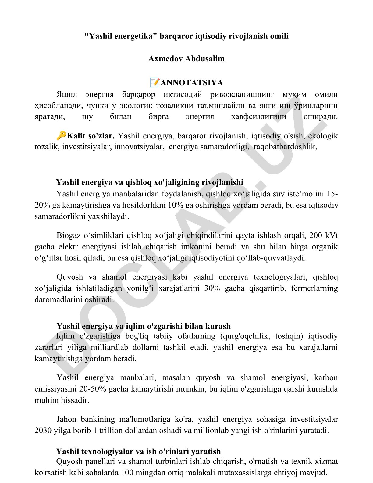 Yashil energetika barqaror iqtisodiy rivojlanish omili