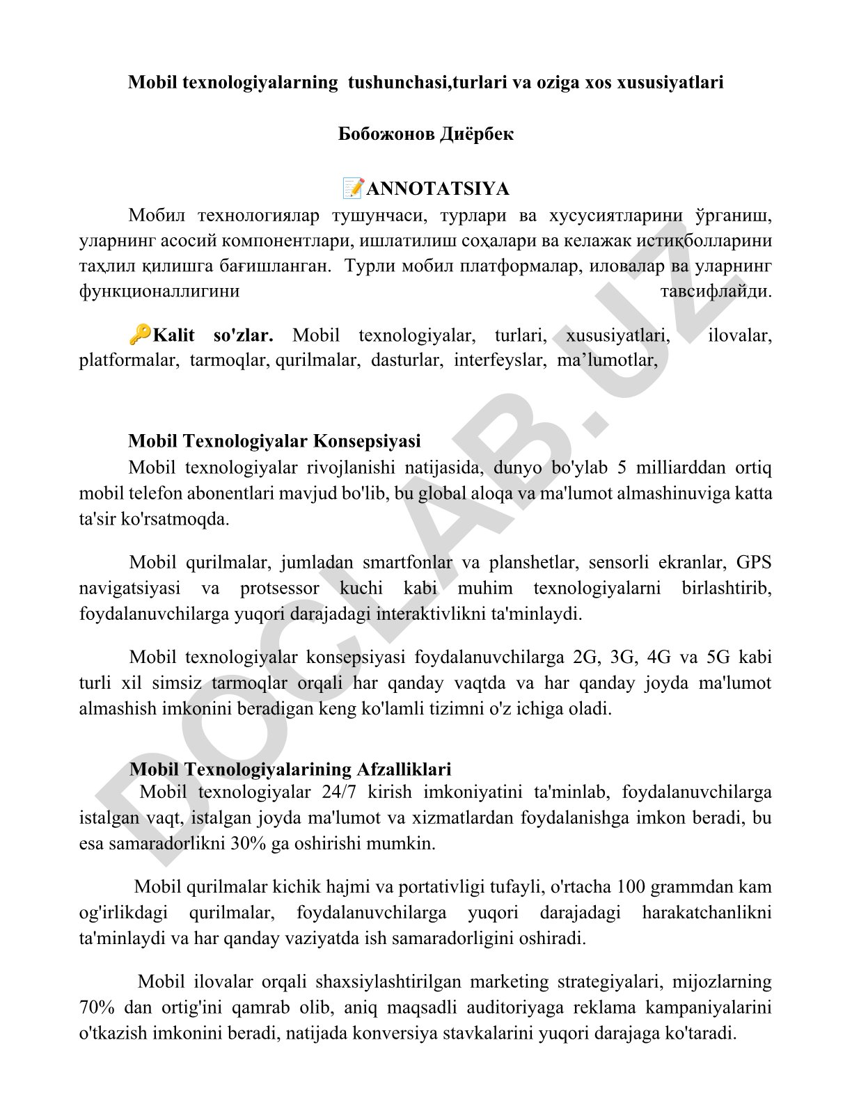 Mobil texnologiyalarning tushunchasi, turlari va oziga xos xususiyatlari