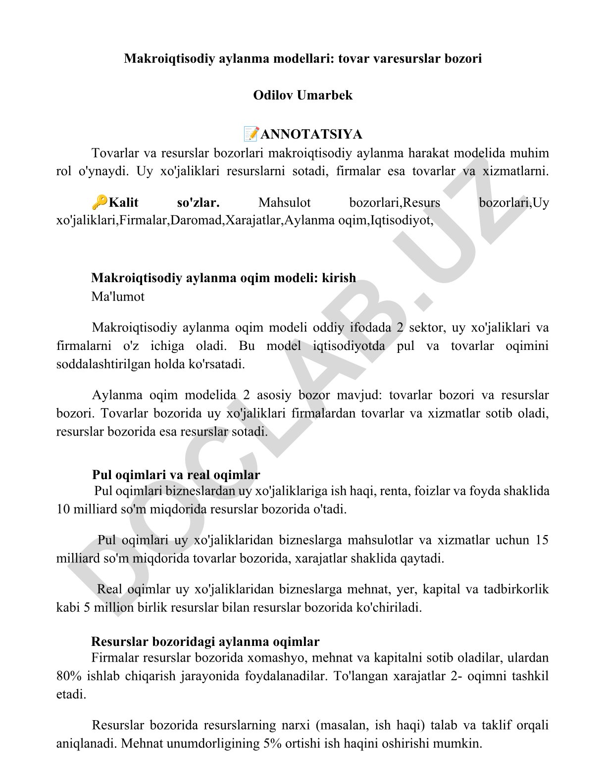 Makroiqtisodiy aylanma modellari: tovar va resurslar bozori