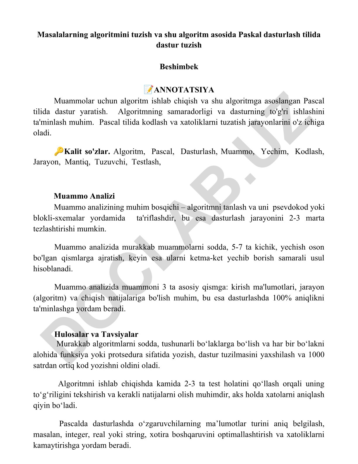 Masalalarning algoritmini tuzish va Paskal dasturlash tilida dastur tuzish
