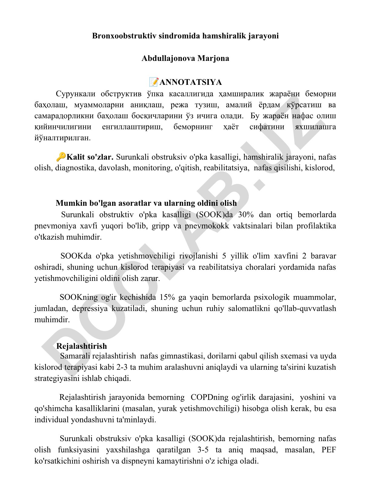 Surunkali obstruktiv o'pka kasalligida hamshiralik jarayoni