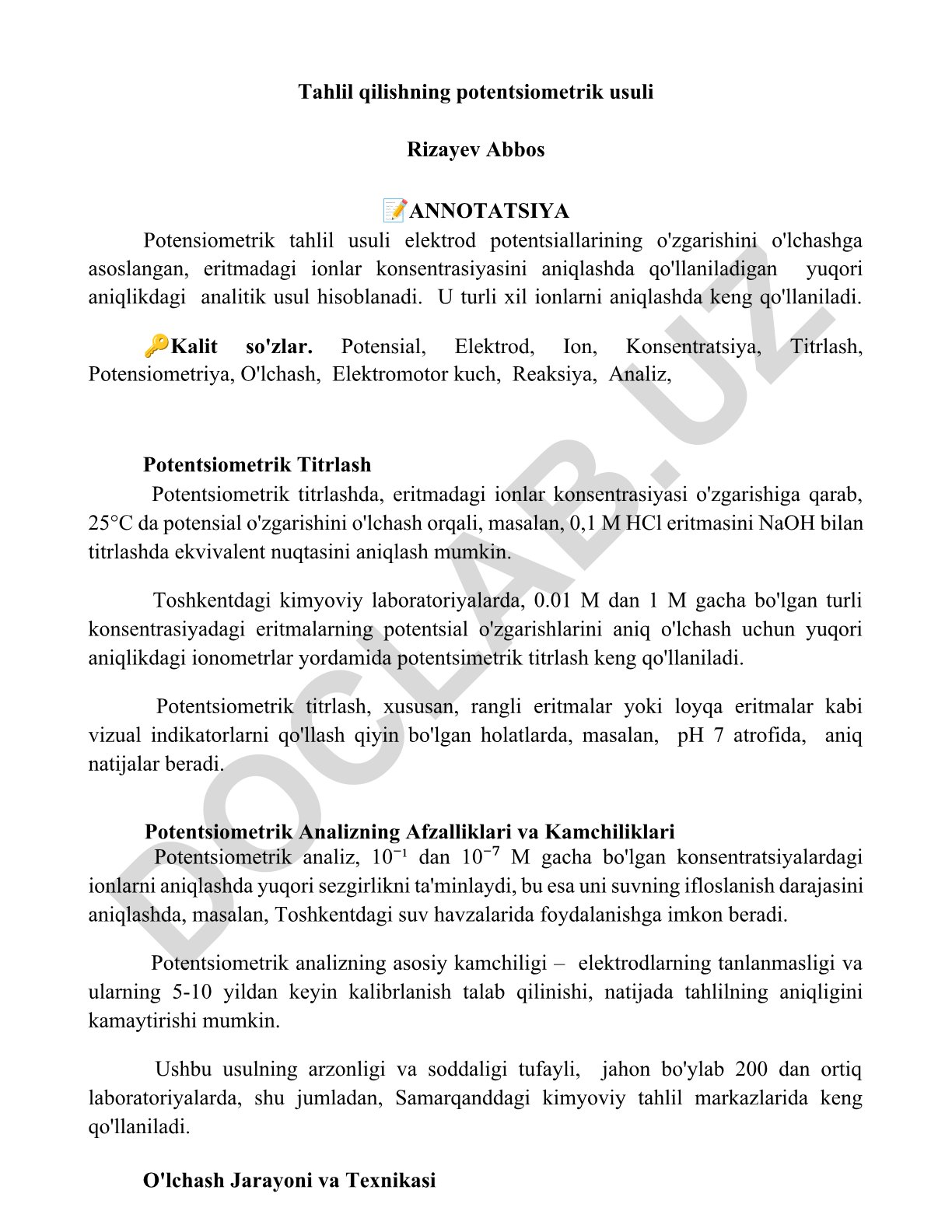Potensiometrik tahlil usuli va uning afzalliklari