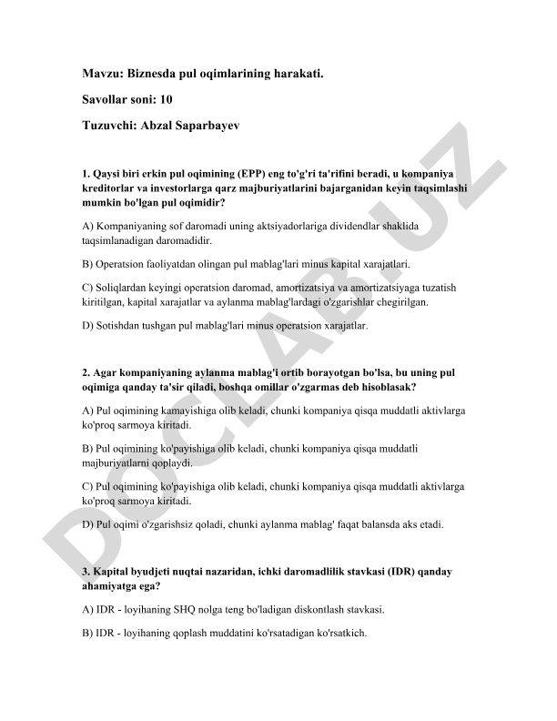 Biznesda pul oqimlarining harakati