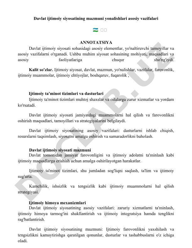 Davlat ijtimoiy siyosatining mazmuni, yo'nalishlari va asosiy vazifalari