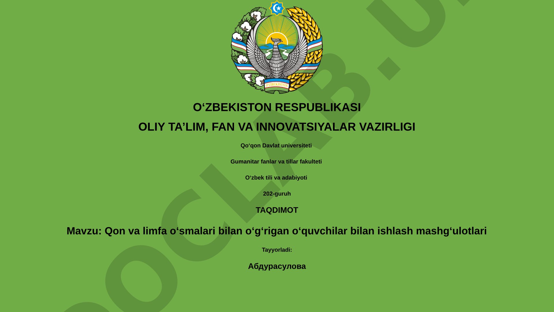 Qon va limfa o'smalari bilan og'rigan o'quvchilar bilan ishlash mashg'ulotlari