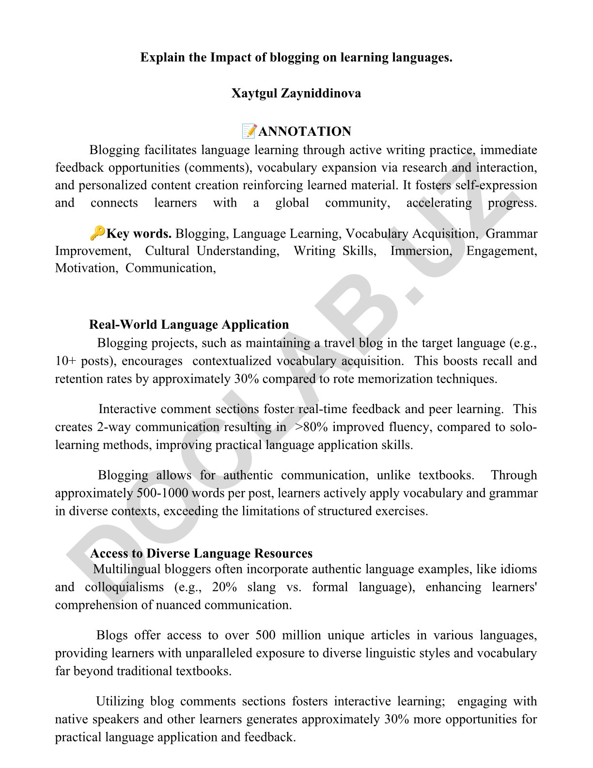 Explain the Impact of blogging on learning languages