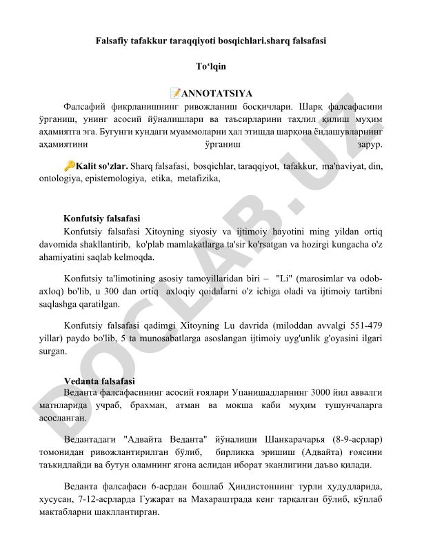 Falsafiy tafakkur taraqqiyoti bosqichlari va Sharq falsafasi