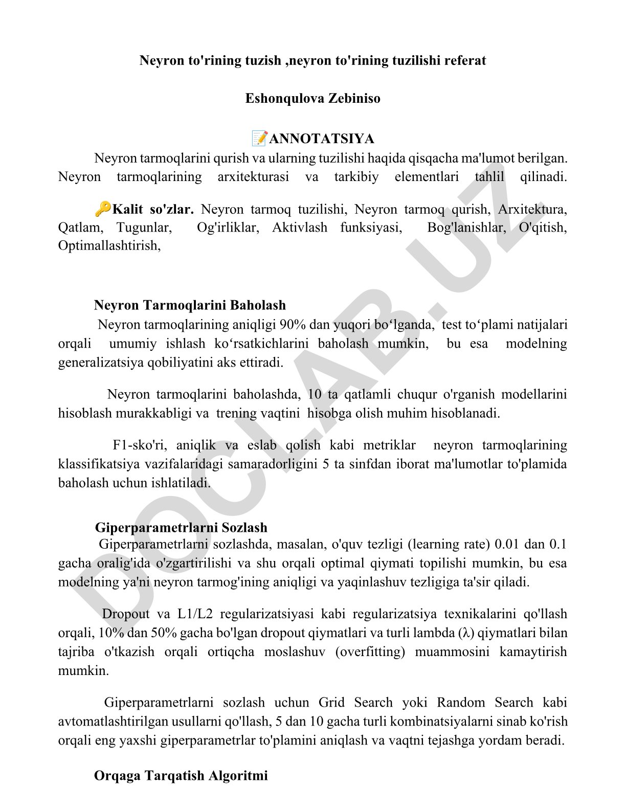 Neyron to'rining tuzilishi va qurilishi