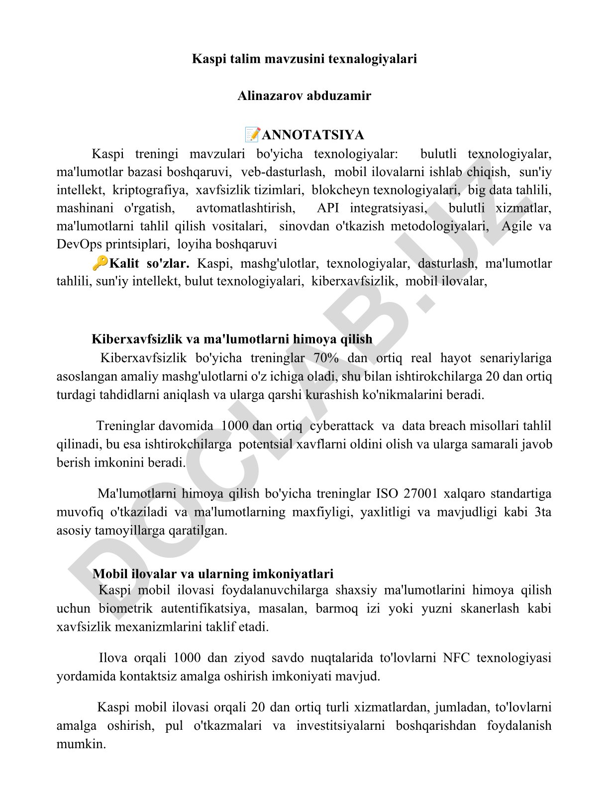 Kaspi treningi texnologiyalari va kiberxavfsizlik