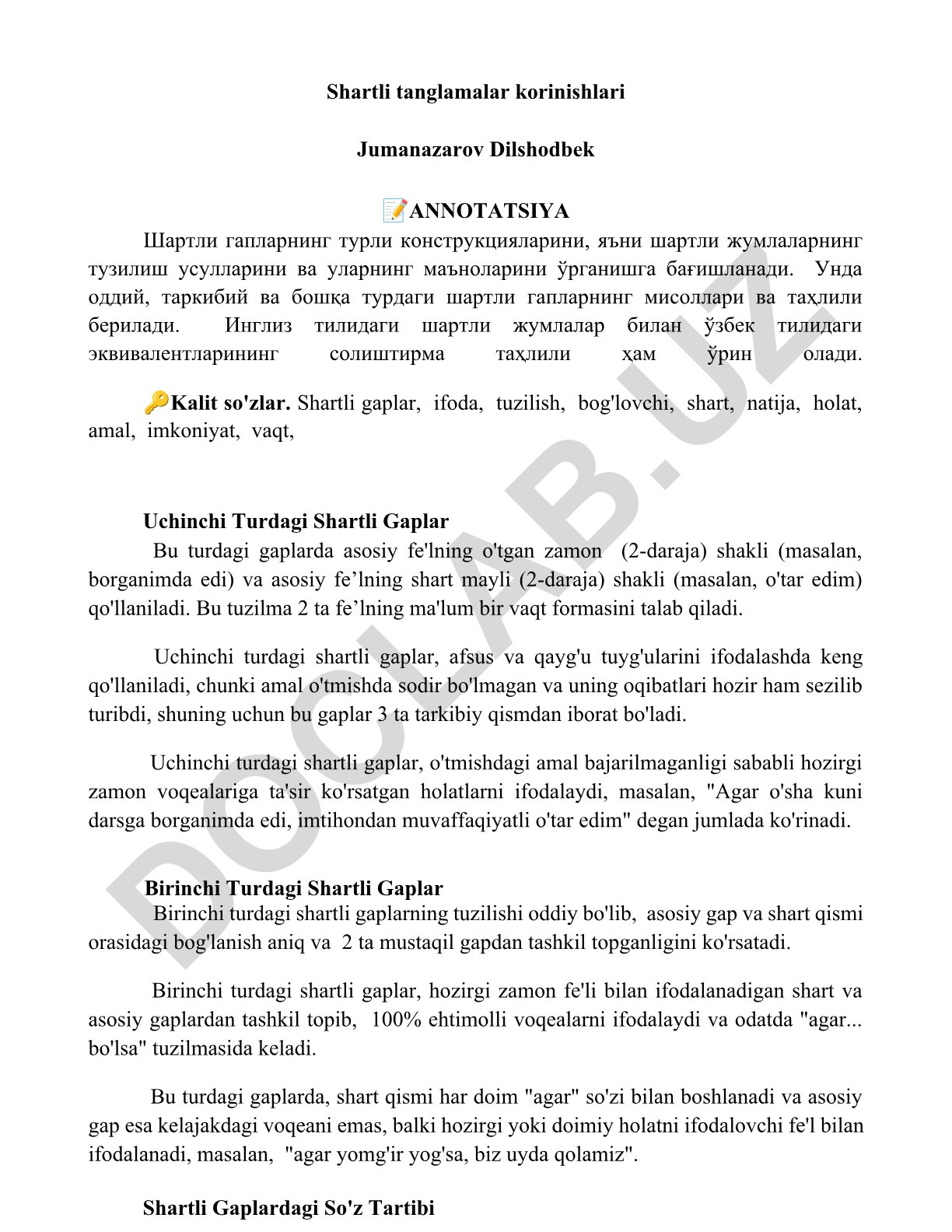 Shartli gaplarning turlari va ularning tuzilish usullari