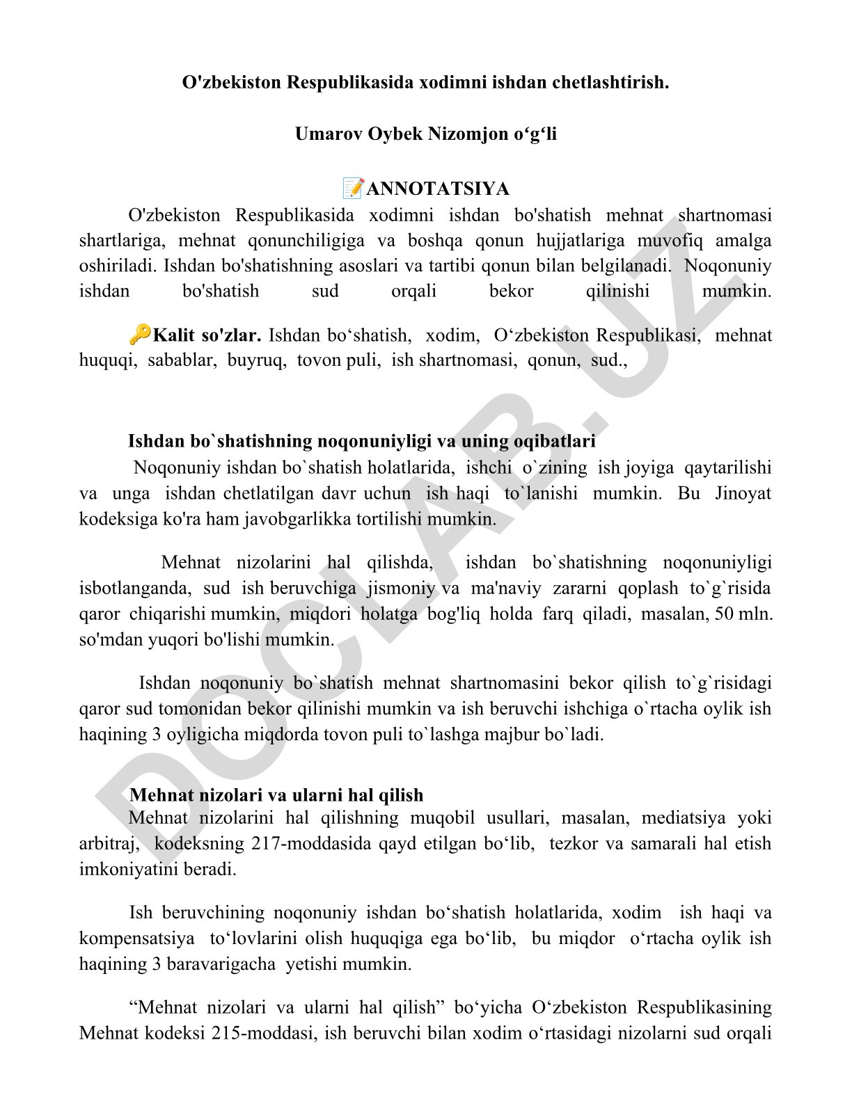 O'zbekiston Respublikasida xodimni ishdan chetlashtirish