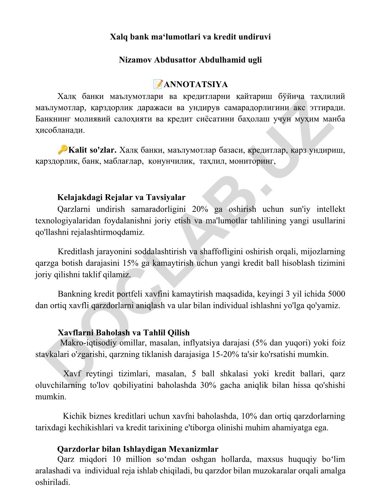 Xalq banki ma'lumotlari va kredit undiruvi