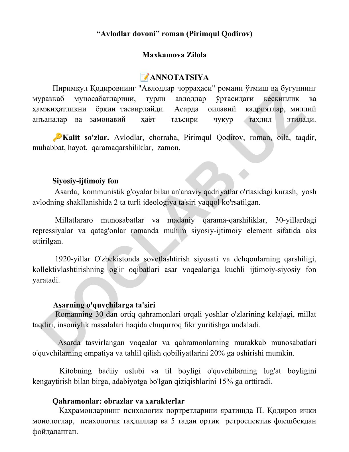 Avlodlar dovoni romanining tahlili va mazmuni