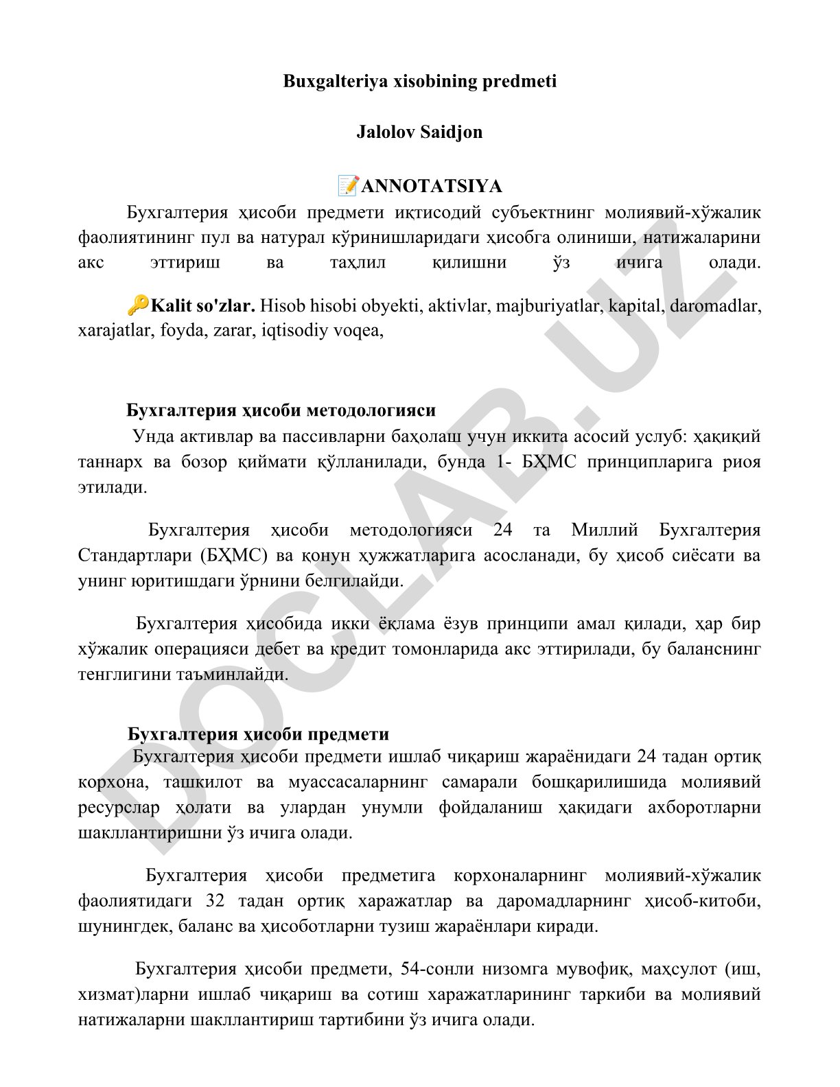Buxgalteriya hisobining predmeti va metodologiyasi