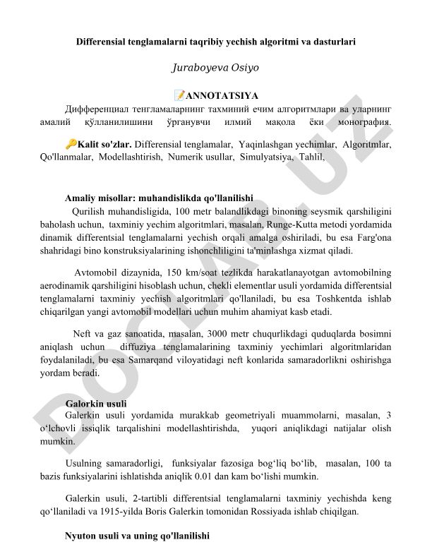 Differensial tenglamalarni taqribiy yechish algoritmi va dasturlari