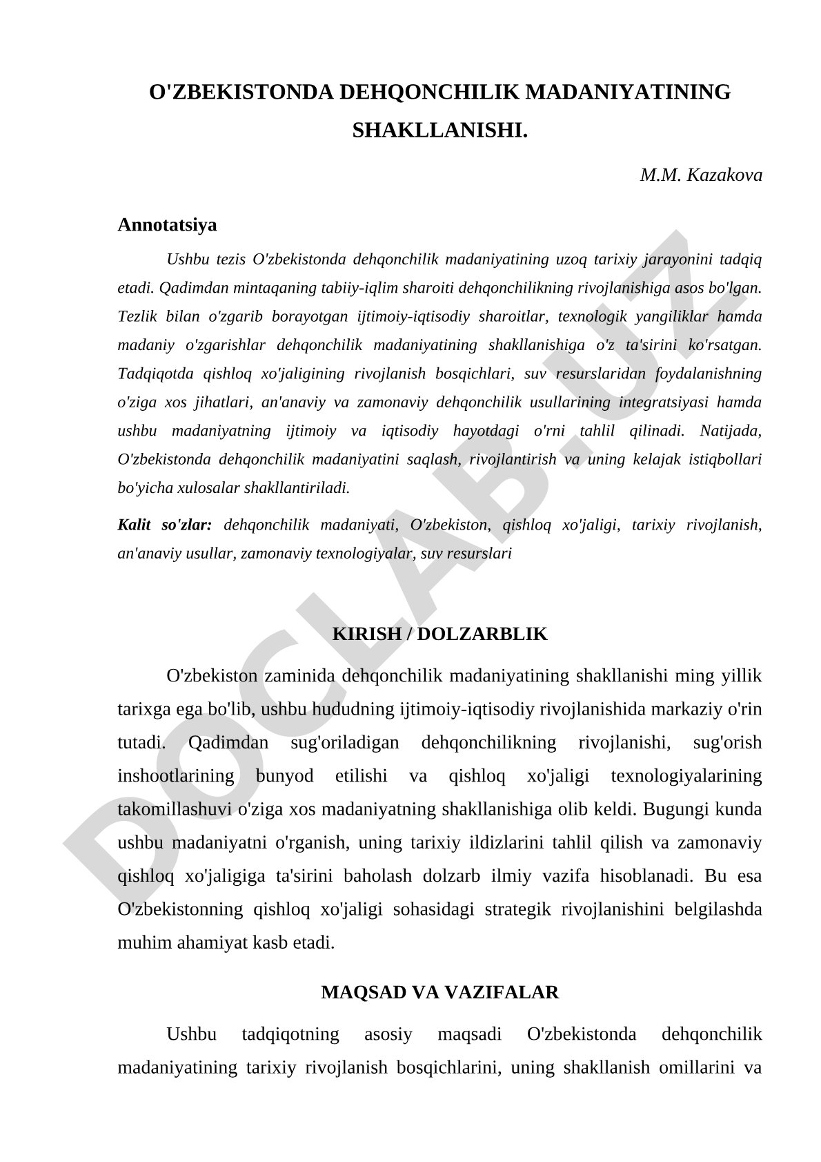 O'zbekistonda dehqonchilik madaniyatining shakllanishi