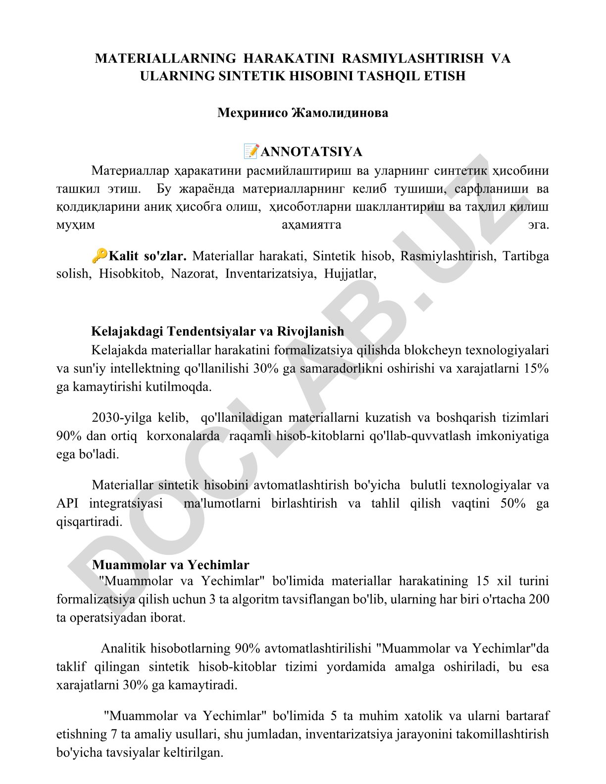 Materiallar harakati va sintetik hisobini rasmiylashtirish va tashkil etish
