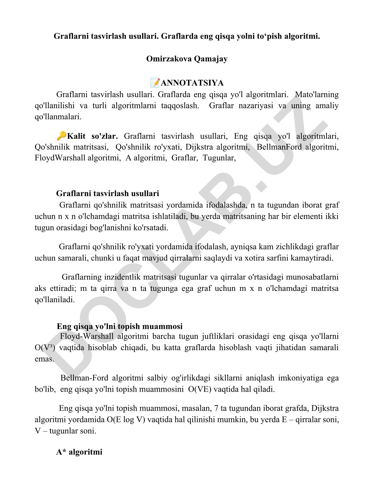 Graflarni tasvirlash usullari va eng qisqa yo'l algoritmlari