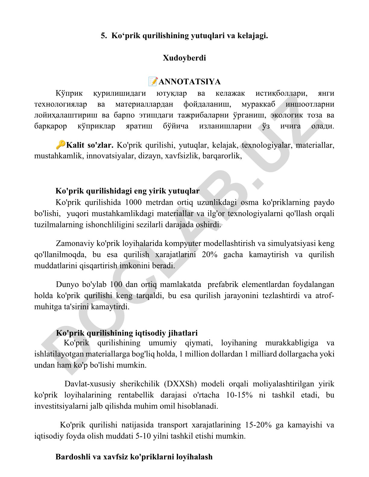 Ko‘prik qurilishining yutuqlari va kelajagi