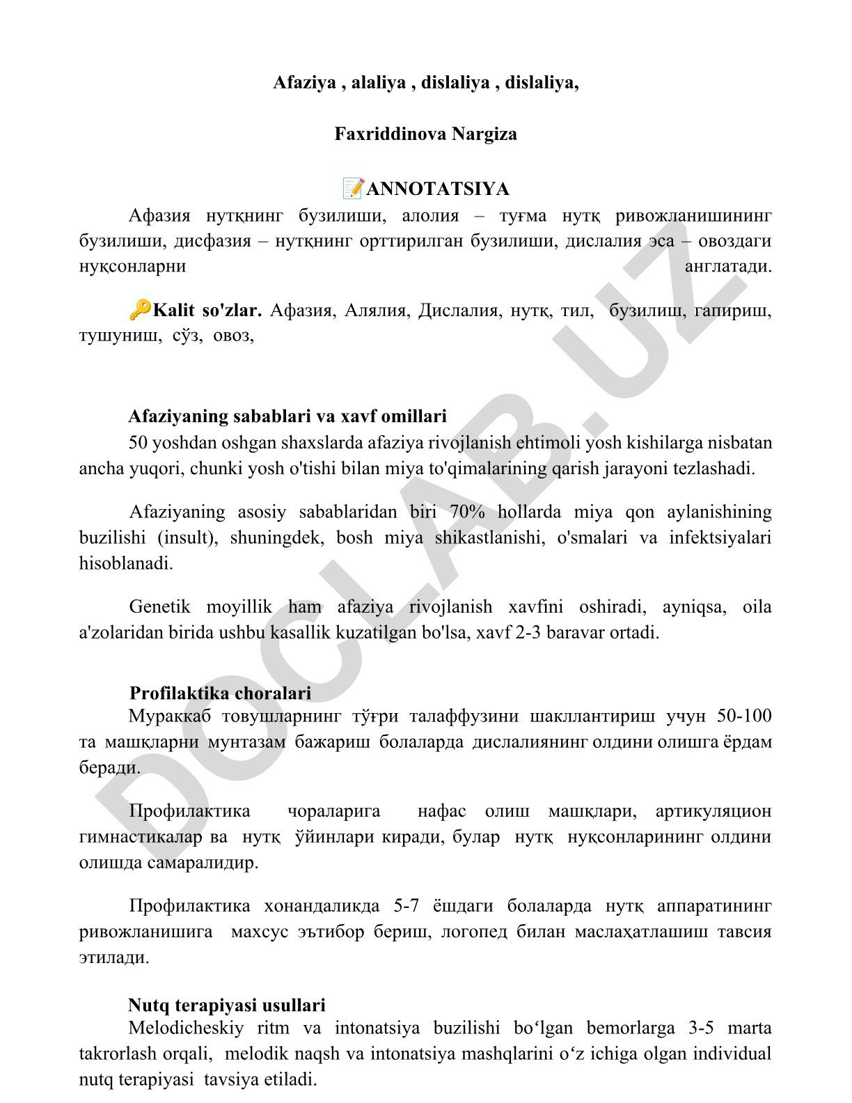 Afaziya, alaliya, dislaliya: sabablari va profilaktika choralari