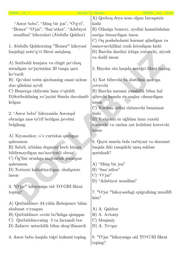 Abdulla Qahhor hikoyalari bo'yicha test savollari