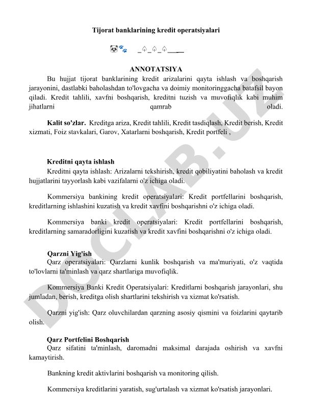Tijorat banklarining kredit operatsiyalari