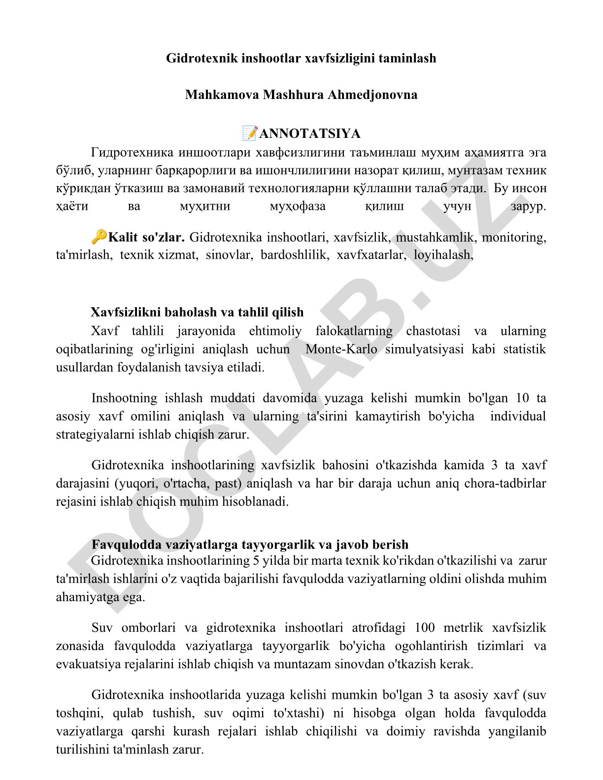 Gidrotexnik inshootlar xavfsizligini taminlash