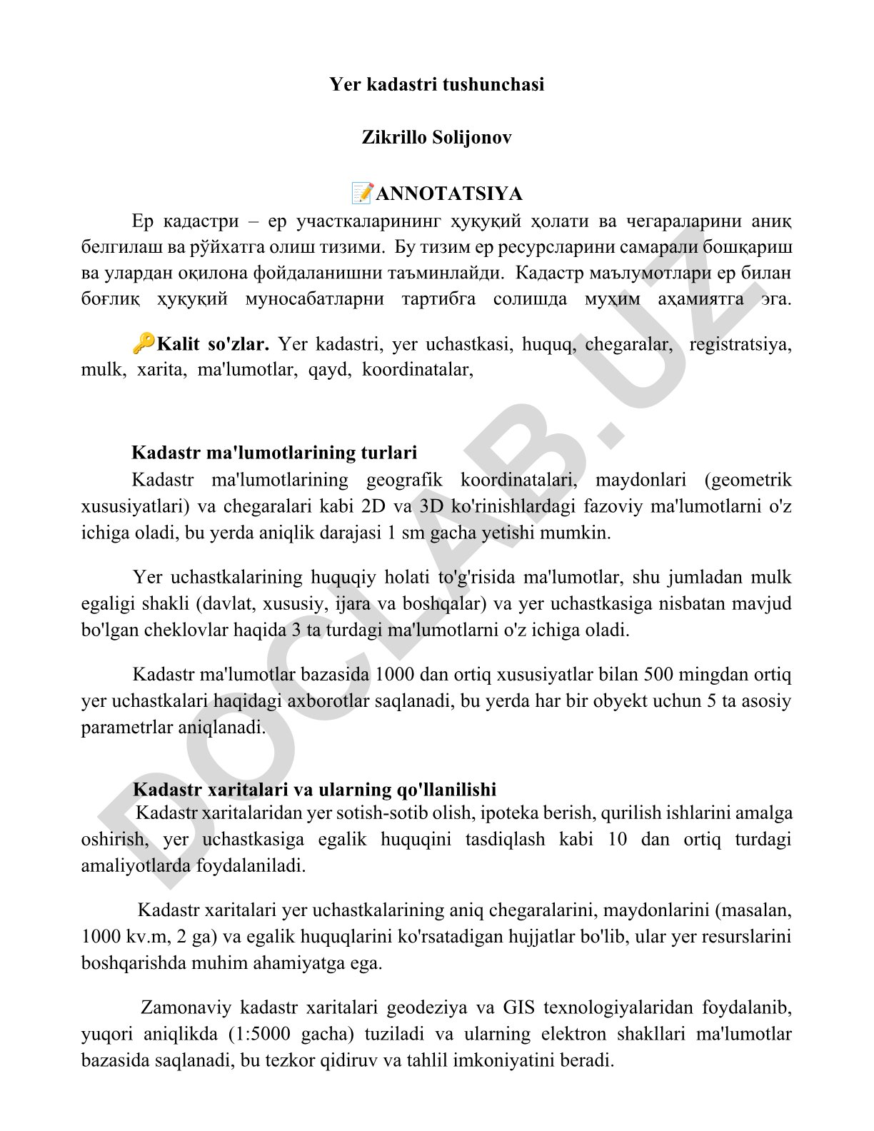Yer kadastri tushunchasi va uning turlari