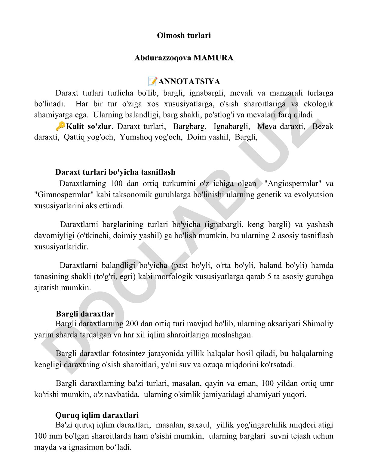Daraxt turlari va ularning tasnifi