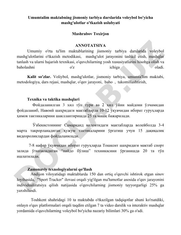 Umumiy o'rta ta'lim maktablarida voleybol mashg'ulotlarini o'tkazish metodikasi