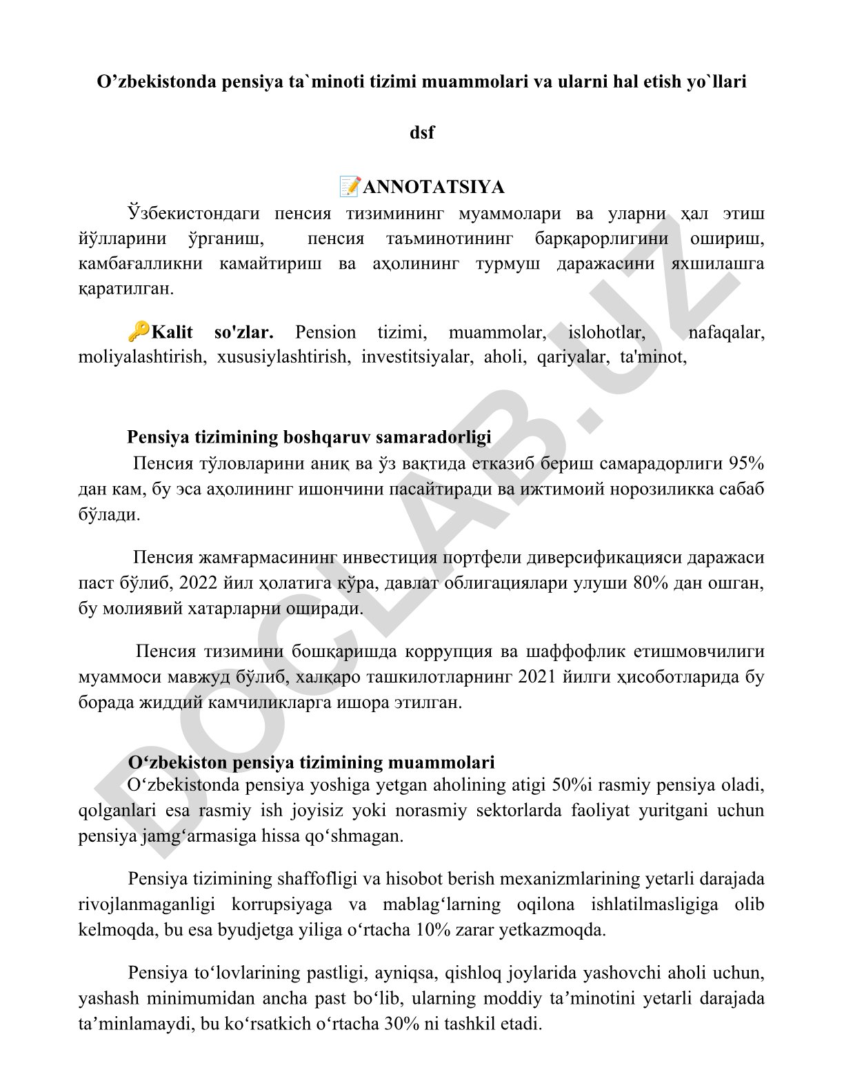 O’zbekistonda pensiya ta`minoti tizimi muammolari va ularni hal etish yo`llari