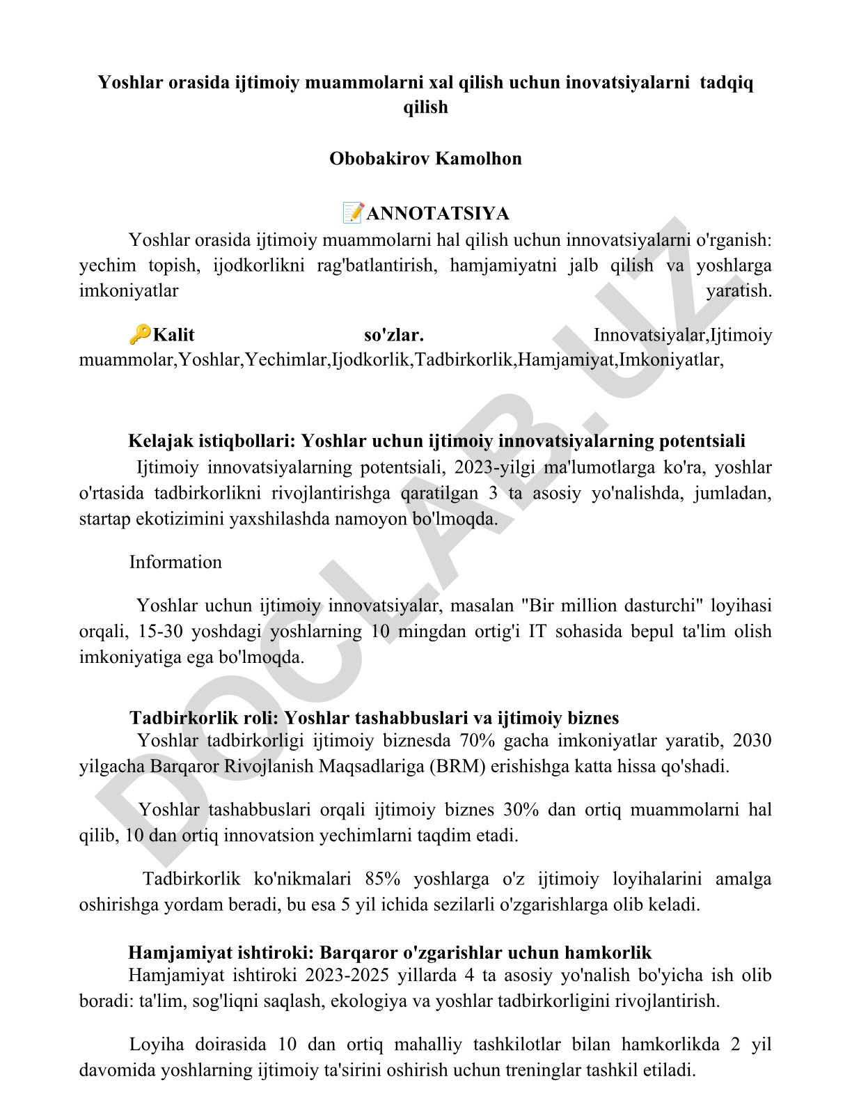 Yoshlar orasida ijtimoiy muammolarni hal qilish uchun innovatsiyalarni tadqiq qilish