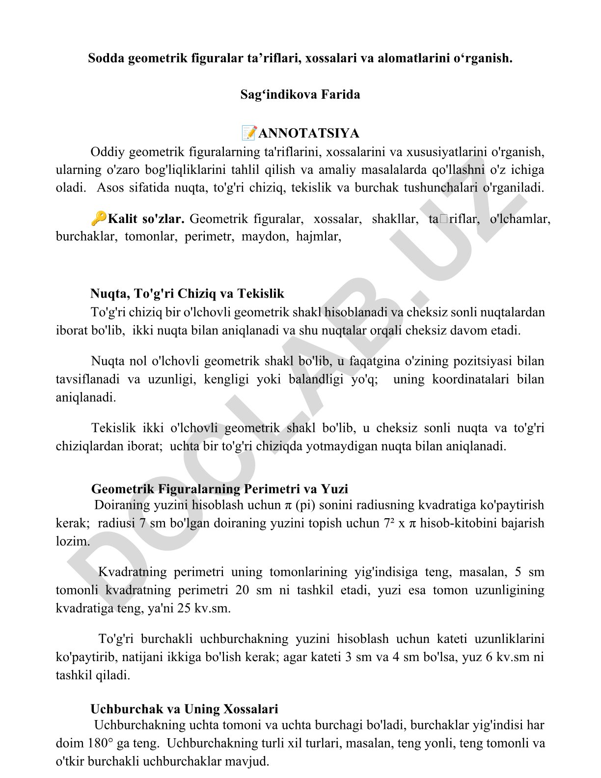 Oddiy geometrik figuralarning ta'riflari, xossalari va xususiyatlari