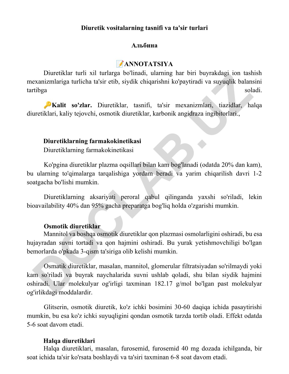 Diuretik vositalarning tasnifi va ta'sir turlari