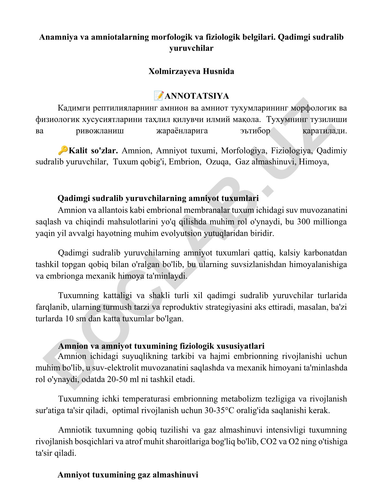 Qadimgi sudralib yuruvchilarning amniyot tuxumlarining morfologik va fiziologik xususiyatlari