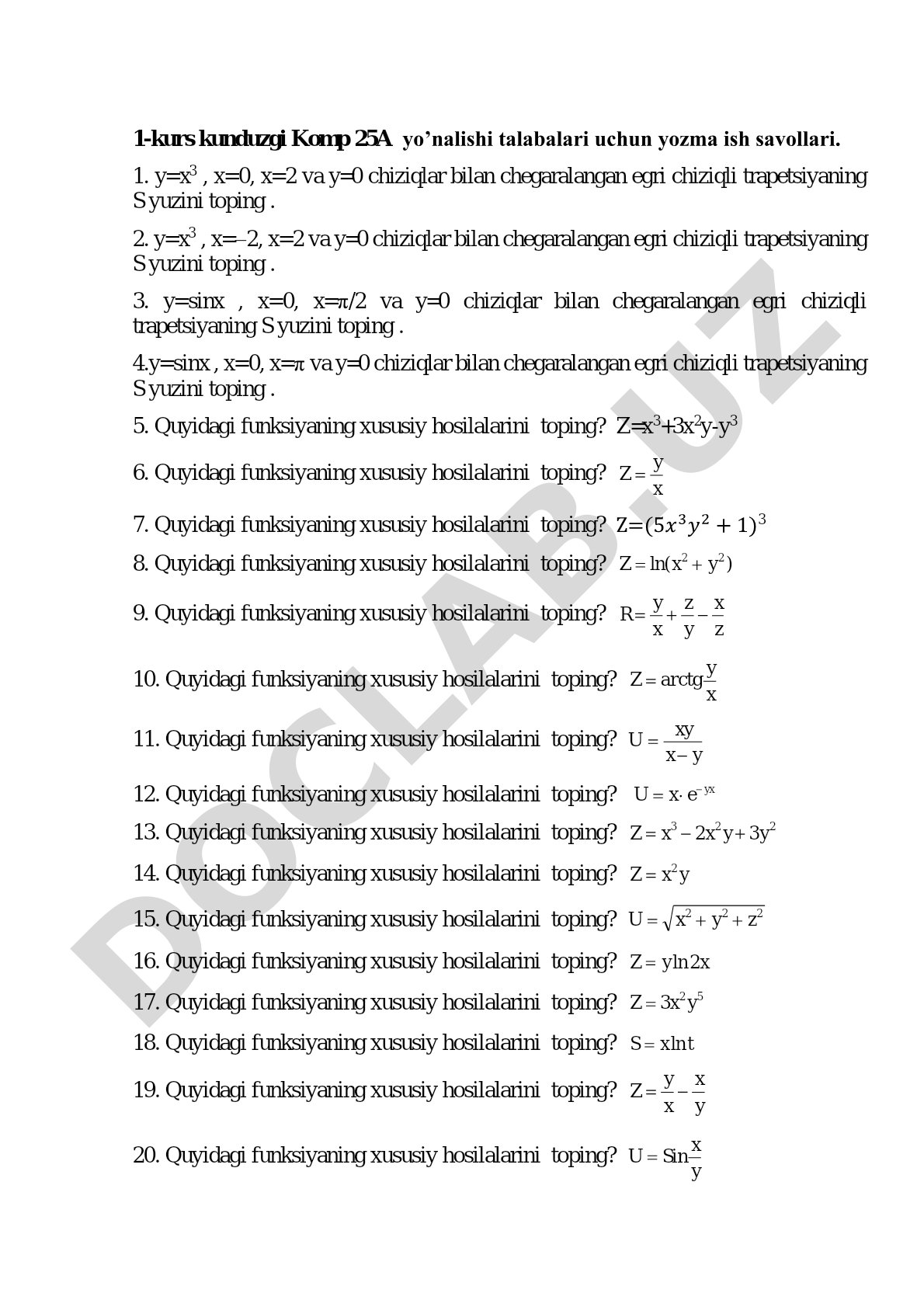 1-kurs kunduzgi Komp 25A yo'nalishi talabalari uchun yozma ish savollari